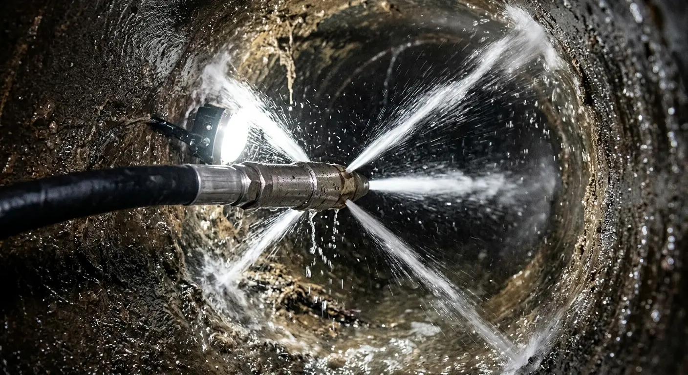 High-pressure hydro jetting nozzle cleaning sewer pipe for Emergency Drain Service in Crooked River Ranch