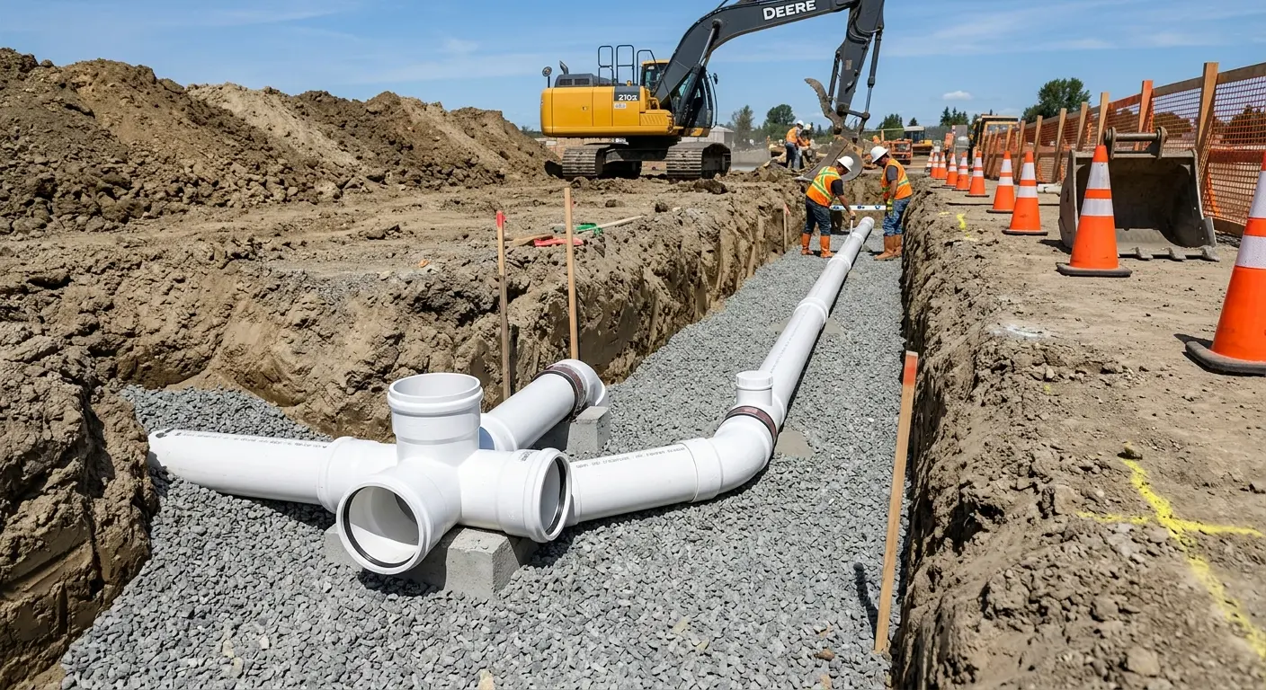 New PVC sewer pipe installation in open trench for Sewer Backup in Crooked River Ranch