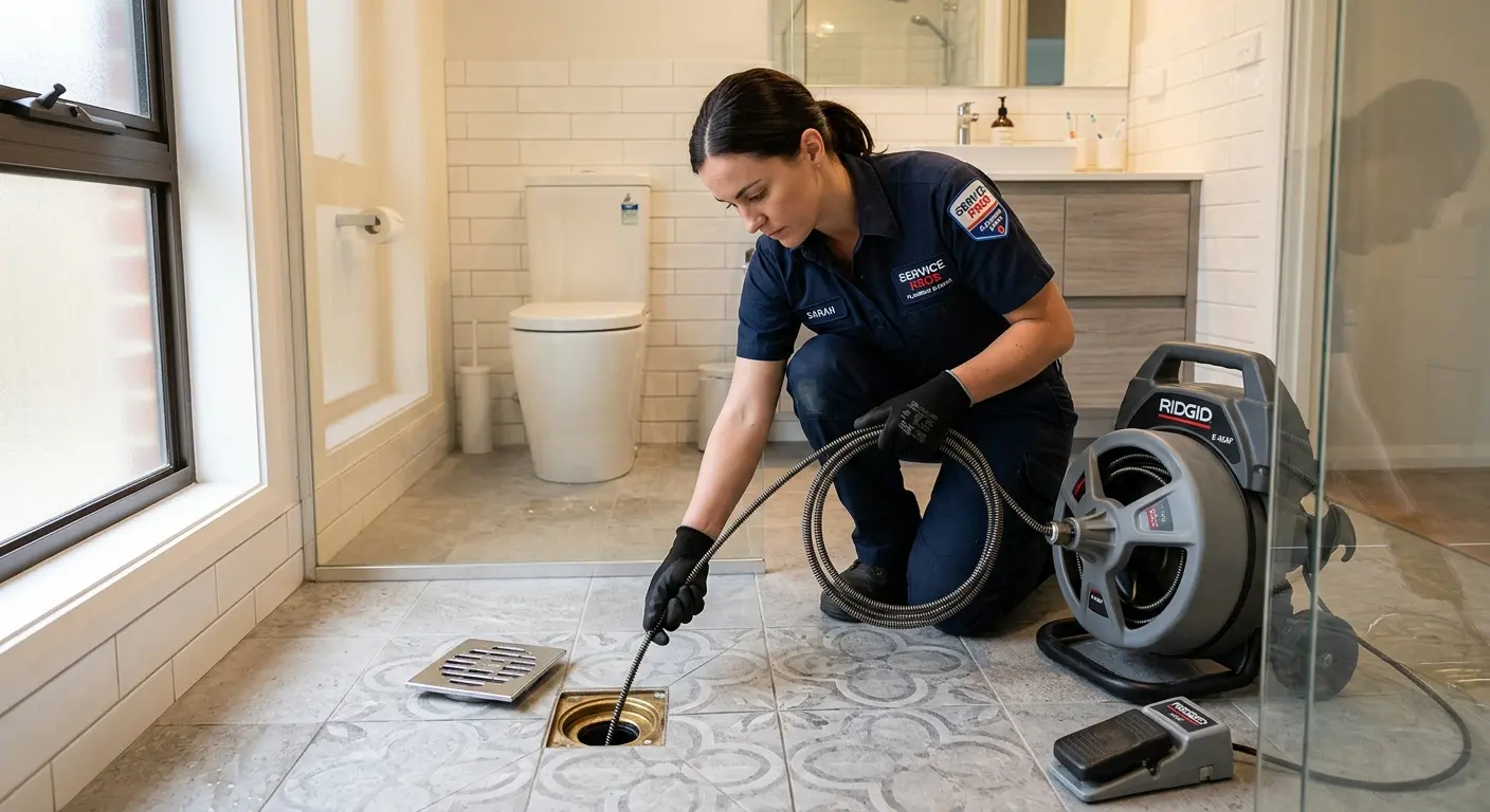 Technician clearing a bathroom floor drain for Hydro Jetting in Crooked River Ranch